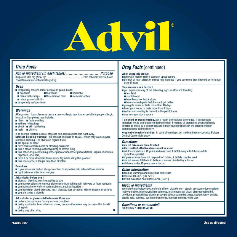 Advil Ibuprofen 200 mg., Pain Reliever/Fever Reducer 360 Tablets