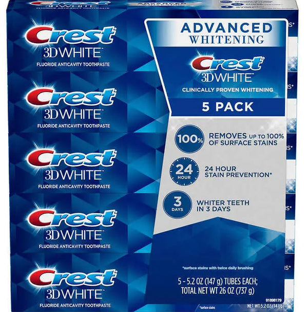 Crest 3D White Advanced Whitening Toothpaste, 5.2 oz, 5-count