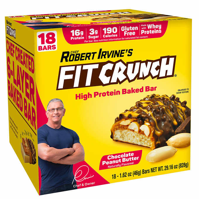 Chef Robert Irvine s Fitcrunch Chocolate Peanut Butter Whey Protein Bars, 18-count, 1.62oz