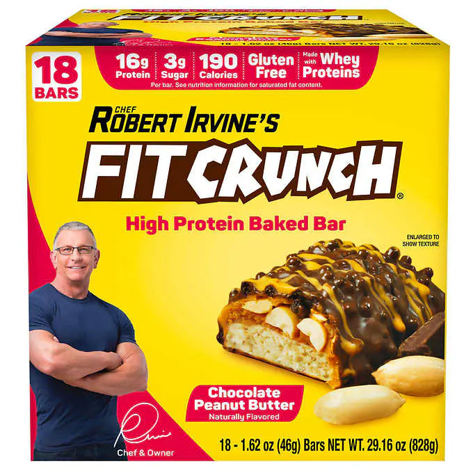 Chef Robert Irvine s Fitcrunch Chocolate Peanut Butter Whey Protein Bars, 18-count, 1.62oz