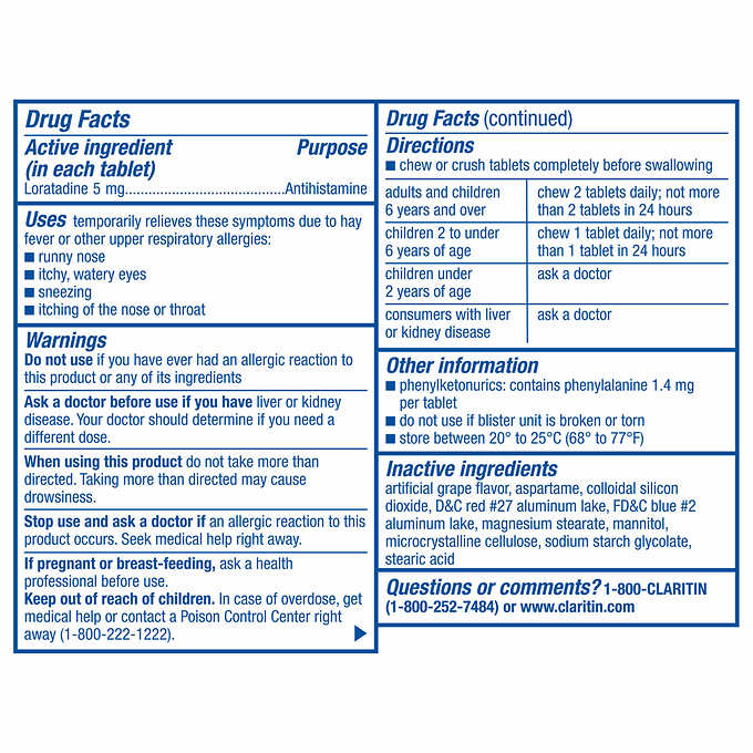 Claritin Children's Chewable 5 mg. 24 Hour Non-Drowsy, 80 Grape Chewable Tablets