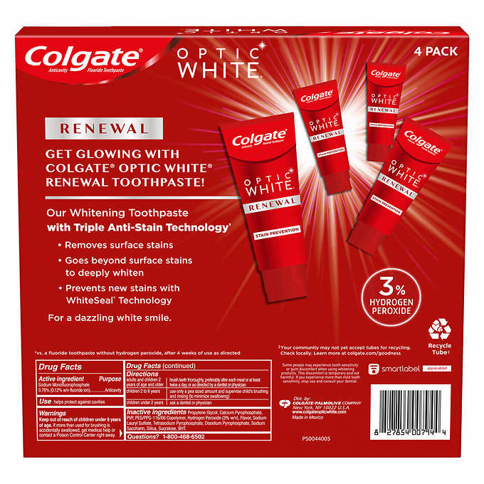 Colgate Optic White Renewal Toothpaste, 4.1 oz, 4-pack