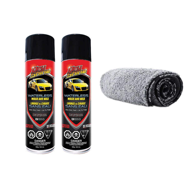 Dry Shine Waterless Car Wash and Wax, 2-pack + 2-in-1 Microfiber Towel Kit