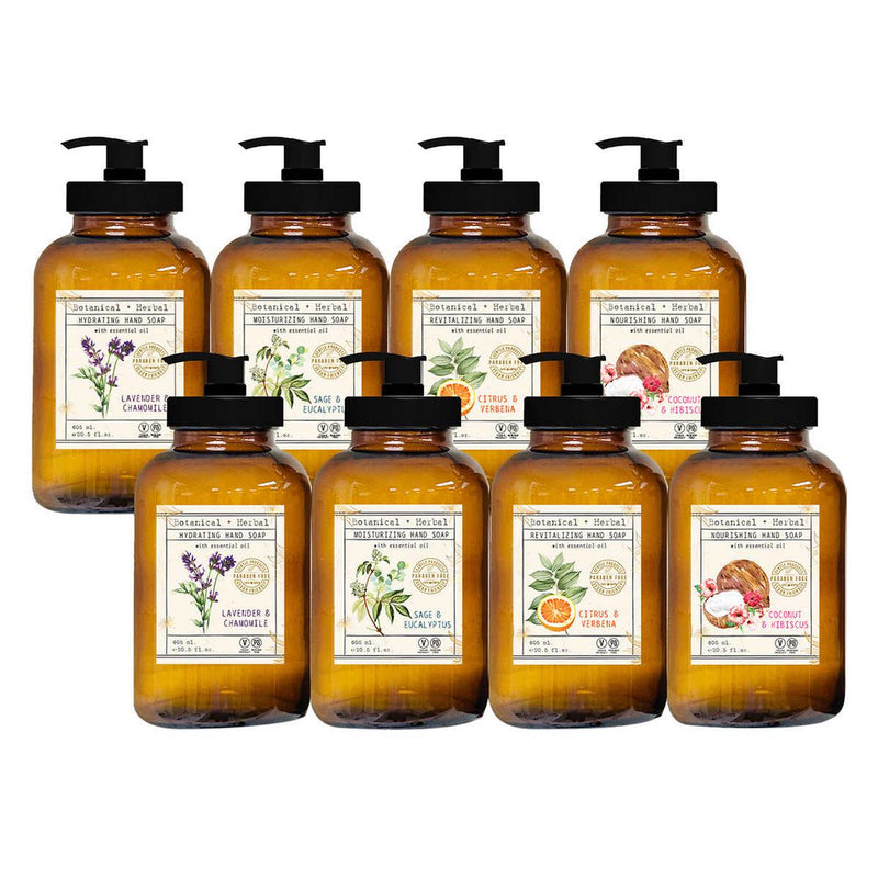 Home and Body Botanical + Herbal Hand Soap, Glass Bottles, 8-pack