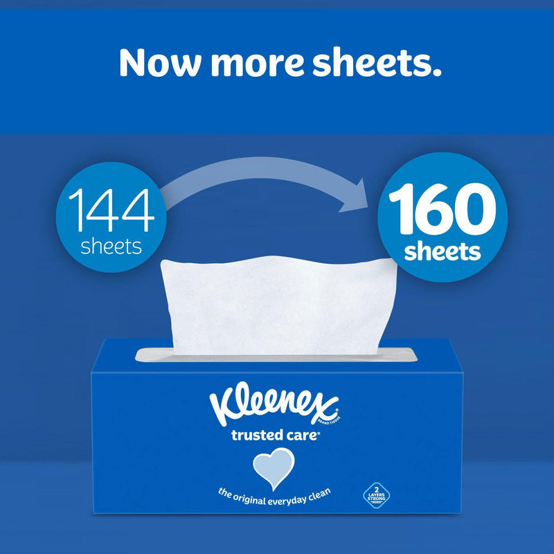 Kleenex Trusted Care 2-ply Facial Tissues, Flat Boxes (160 tissues/box, 12 boxes)