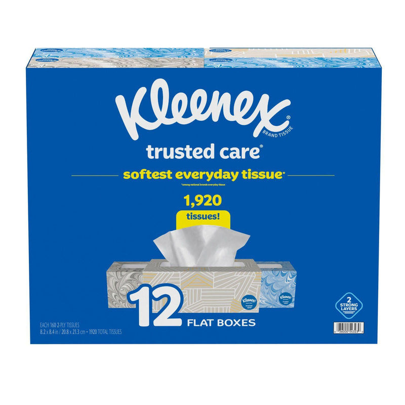 Kleenex Trusted Care 2-ply Facial Tissues, Flat Boxes (160 tissues/box, 12 boxes)