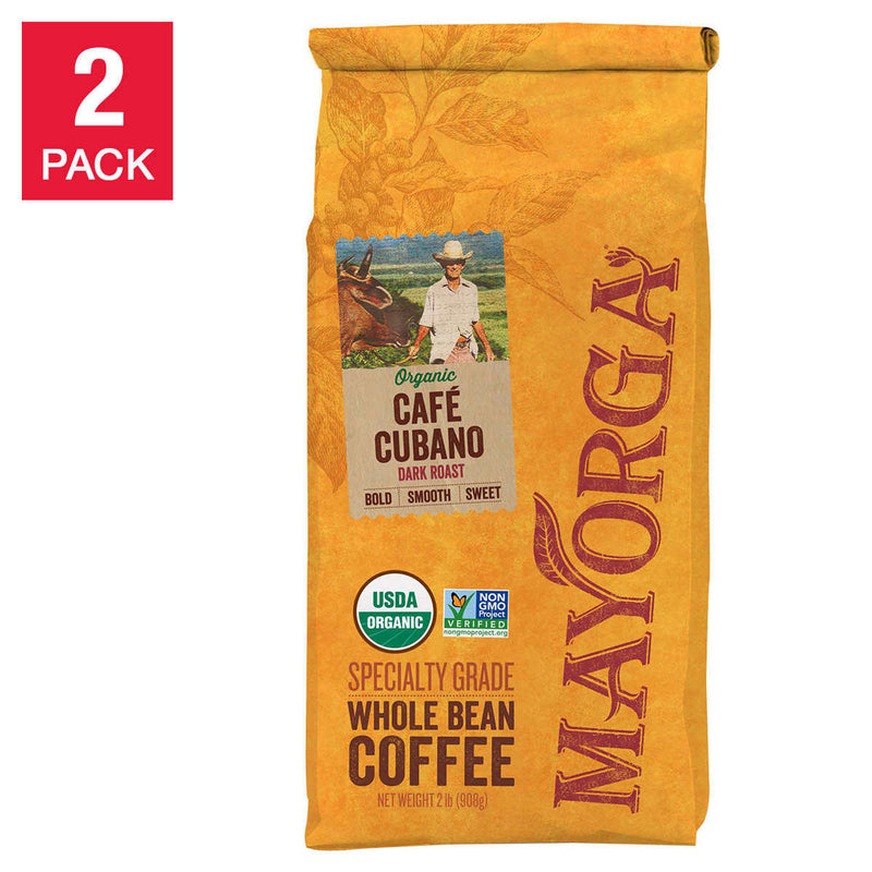 Mayorga Organic Café Cubano, USDA Organic, Dark Roast, Whole Bean Coffee, 2 lbs, 2-pack ) | Home Deliveries