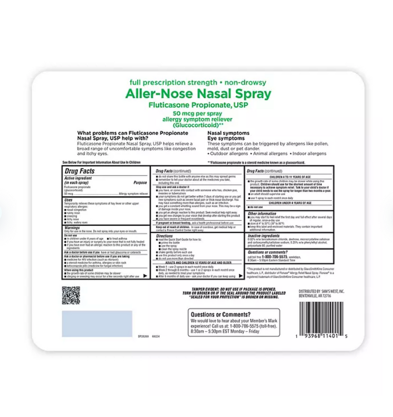 Member's Mark 50mcg Aller-Nose, Fluticasone Propionate Nasal Spray (0.62 fl. oz., 6 ct.)