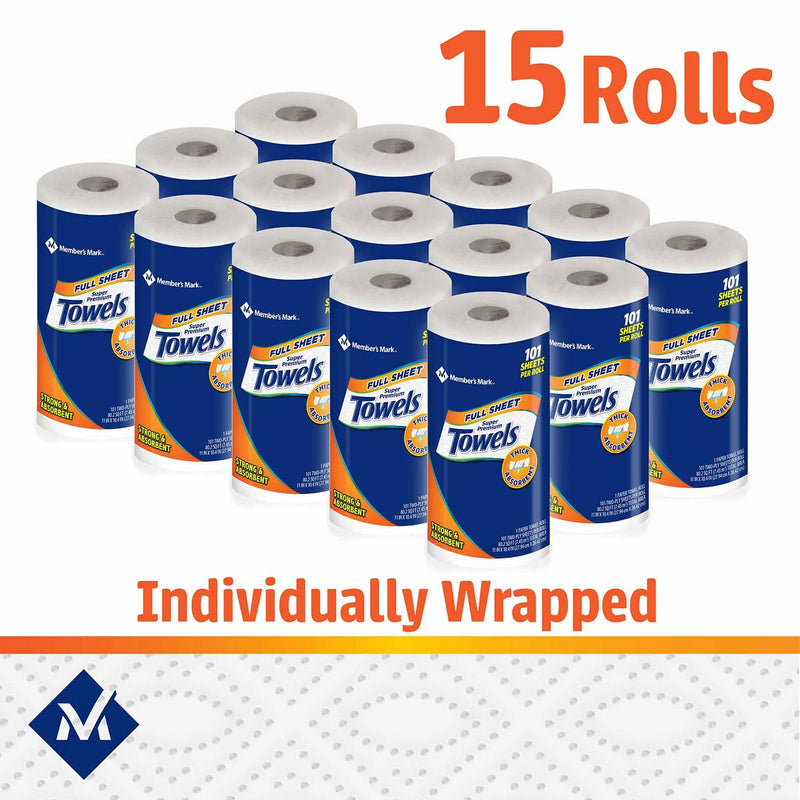 Member's Mark Premium Full Sheet Paper Towels (15 Huge rolls, 101 sheets/roll, 2-Ply)