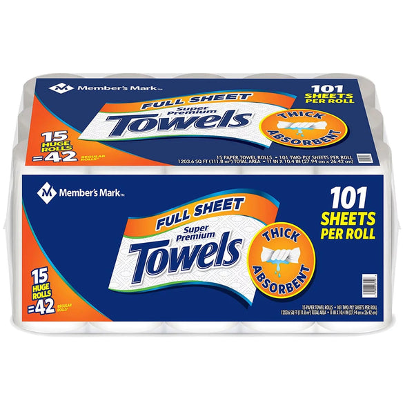 Member's Mark Premium Full Sheet Paper Towels (15 Huge rolls, 101 sheets/roll, 2-Ply)