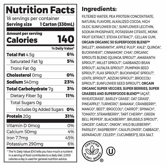 Orgain Plant-Based Protein Shake Chocolate 11 fl oz, 18-pack