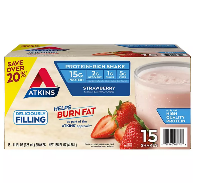 Atkins 15g Keto Protein Shake, Strawberry 11 fl. oz. 15 pk.