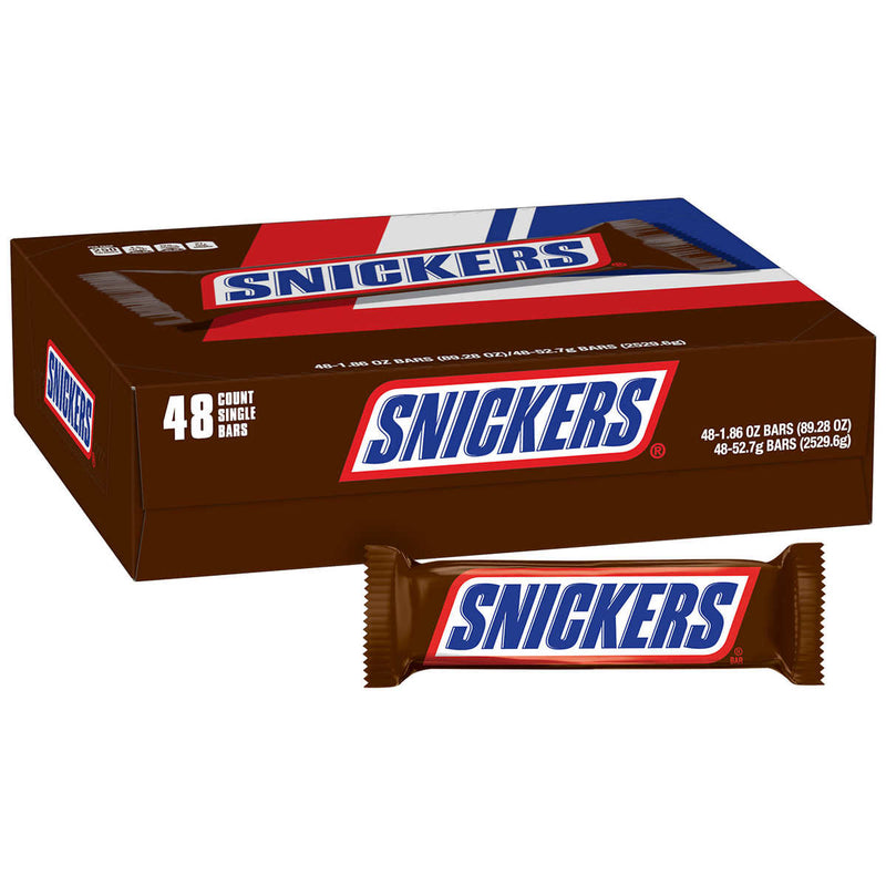 Snickers Chocolate Candy Bars, Peanut, Full Size, 1.86 oz, 48-count