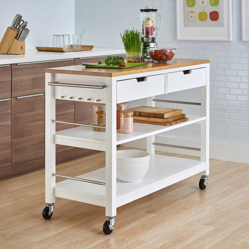 TRINITY 48” Bamboo Kitchen Cart with Drawers, White ) | Home Deliveries